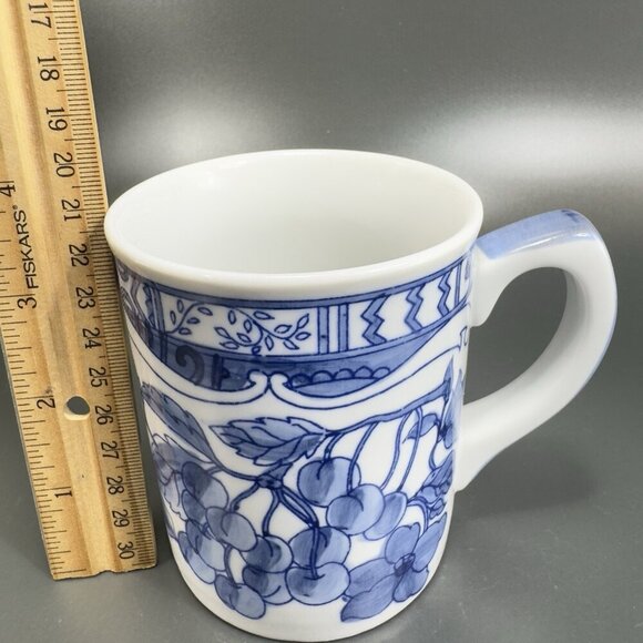 1995 Jardin Blue Cardinal Ceramic Coffee Mug Cup Set 2 Blue White Fruit Cherry - Picture 5 of 15